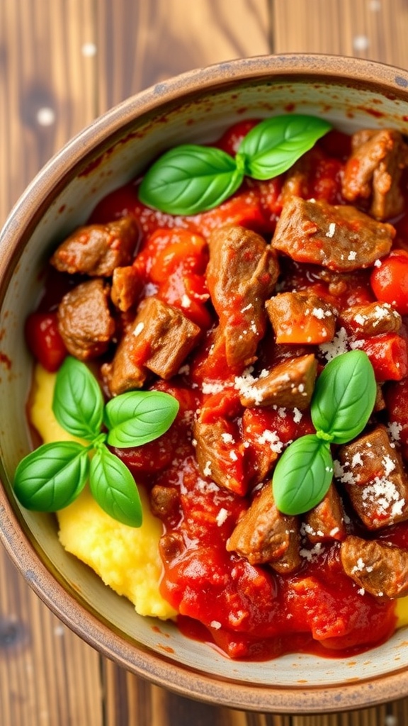 Chopped beef ragu on creamy polenta, garnished with basil and Parmesan, on a rustic wooden table.
